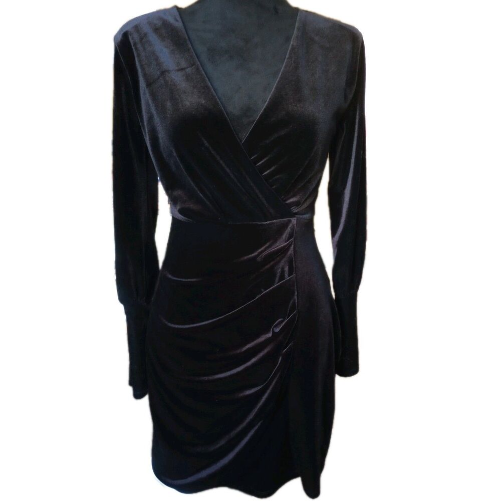 Express Women's XS Black Velvet Ruched Long Sleeve Bodycon Mini Dress